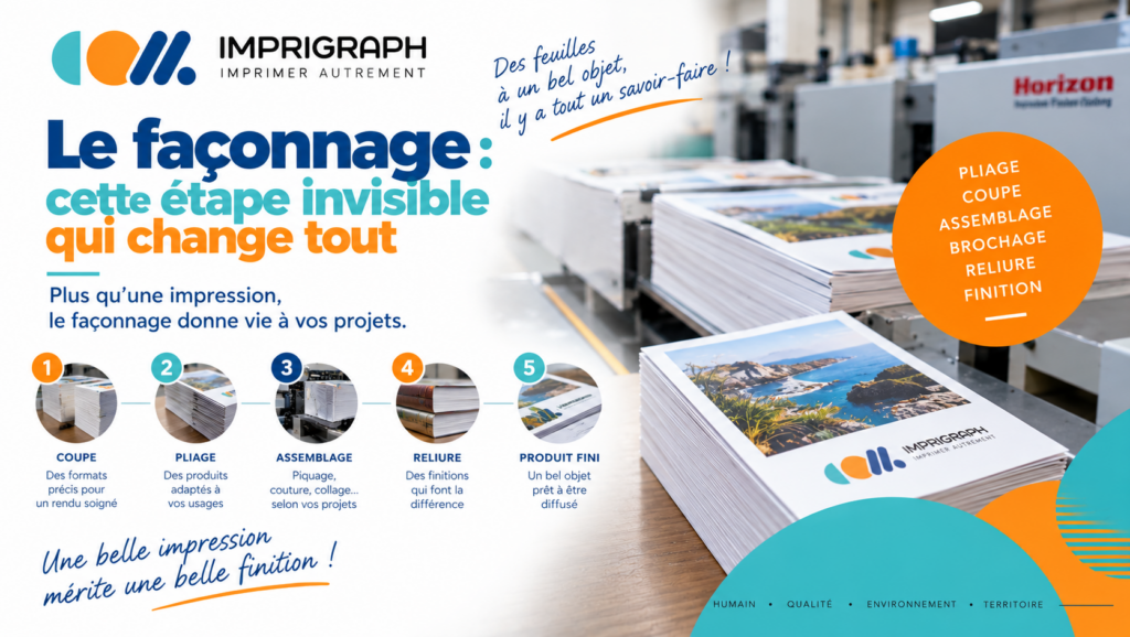 Façonnage en imprimerie chez Imprigraph : coupe, pliage, assemblage et reliure